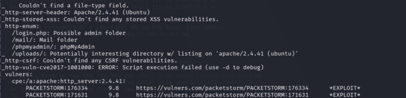 nmap vuln scan showing open ports and http-enum results